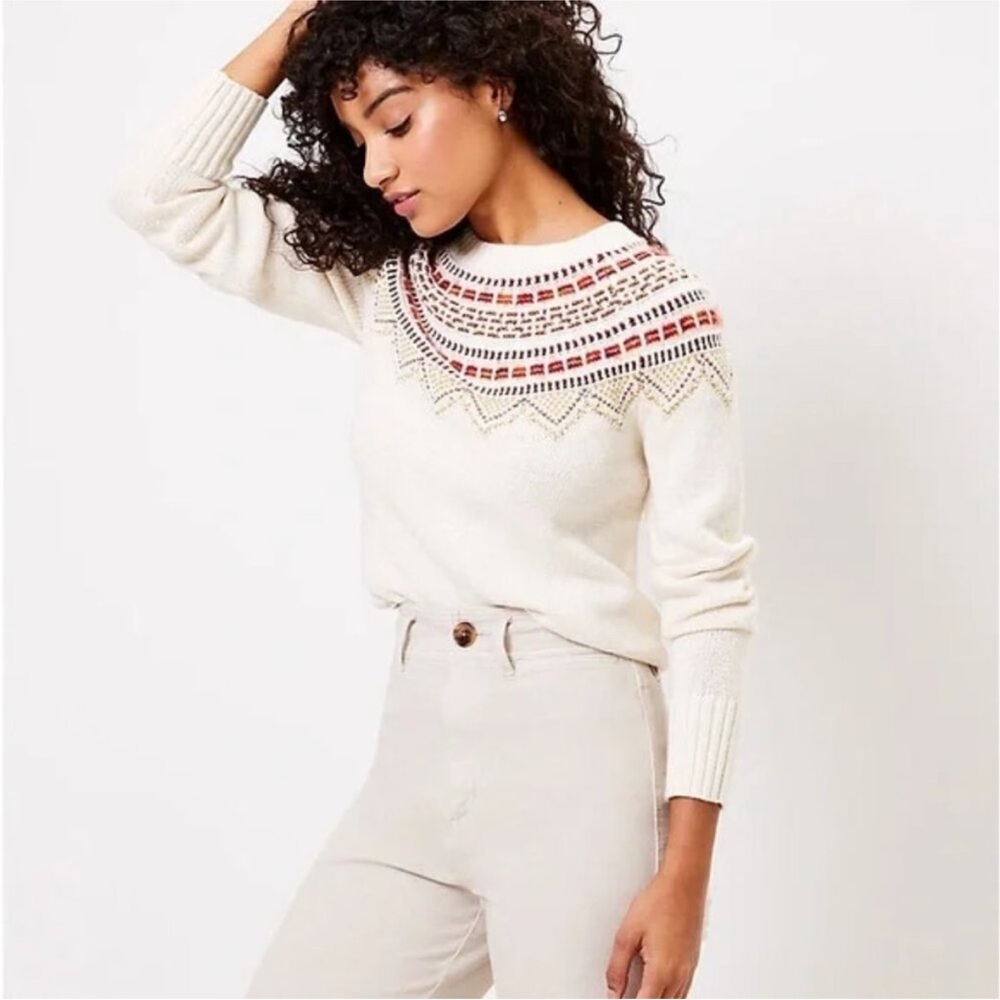 Loft Shimmering Sparkles Fair Isle Cream shirttail Sweater Red Brown Pattern